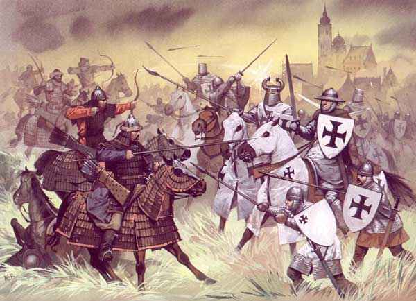 Рыцари Тевтонского ордена отражают атаки тяжелой кавалерии Монголов в бою при Лейнице, 1241 г.