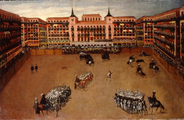 Площадь Пласа Майор в Мадриде во время проведения корриды, миниатюра 1664 год.
